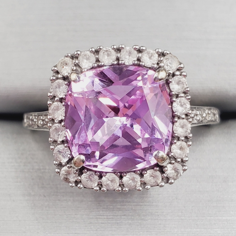 10k Solid White Gold Cushion Cut Pink Topaz, Diamond & White Topaz Halo Ring